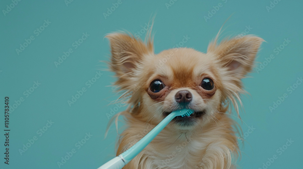Chihuahua holding a toothbrush in its mouth on blue background. Pet dental care and hygiene. oral health for pets in a playful and engaging manner for advertisement, animal welfare Chihuahua holding a toothbrush in its mouth on blue background. Pet dental care and hygiene. oral health for pets in a playful and engaging manner for advertisement, animal welfare