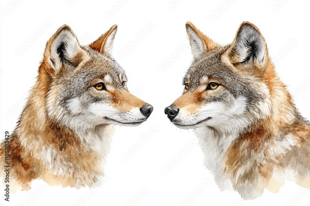 Fototapeta premium Two realistic wolf heads facing each other in a detailed watercolor style.