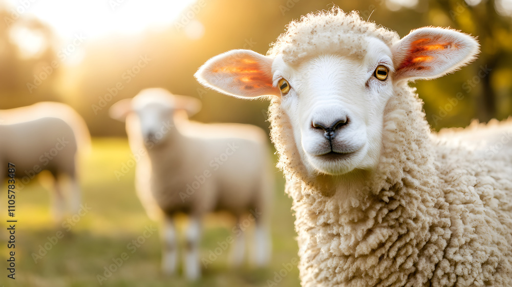 Fototapeta premium Detailed close up of sheep with thick wool grazing in sunlight