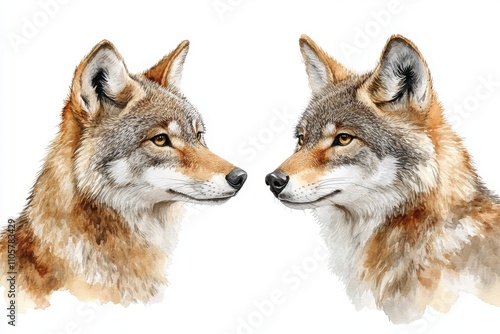 Wallpaper Mural Two realistic wolf heads facing each other in a detailed watercolor style. Torontodigital.ca