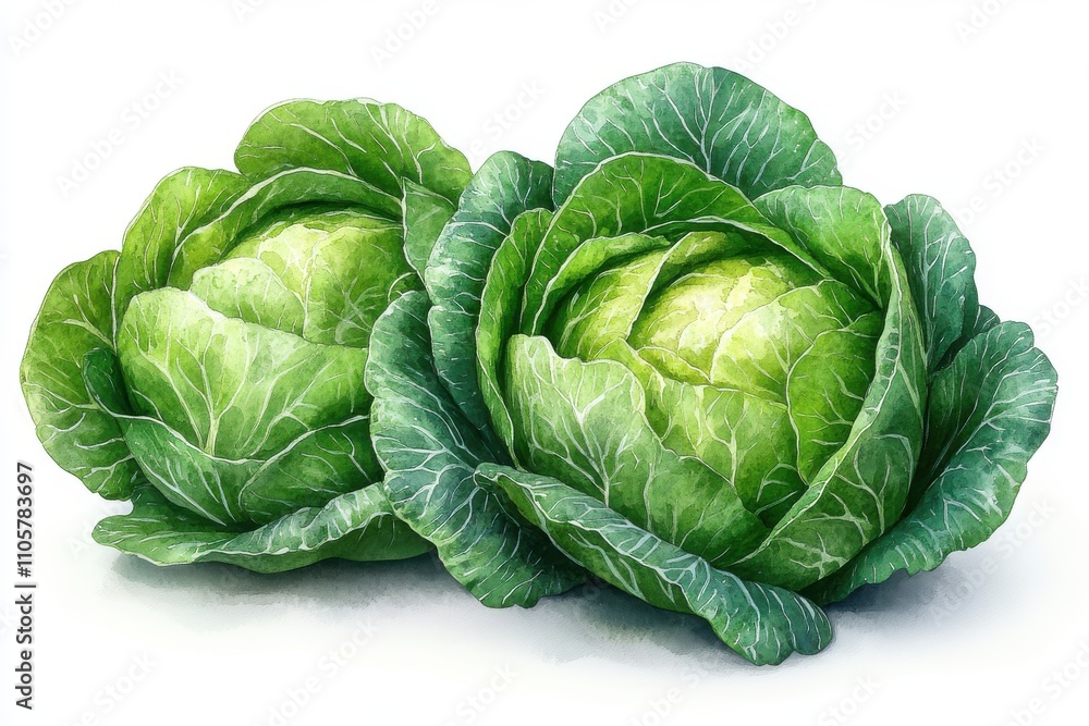 Fototapeta premium Two vibrant green cabbages with detailed leaves, showcasing fresh produce.