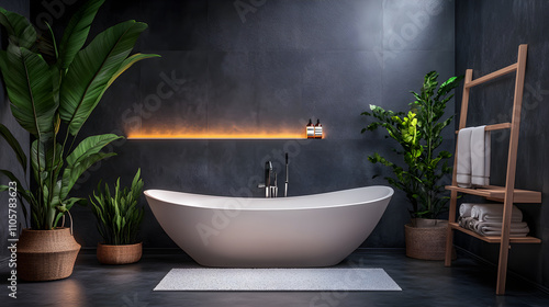 Elegant bathroom with bright sparkling bathtub and lush plants