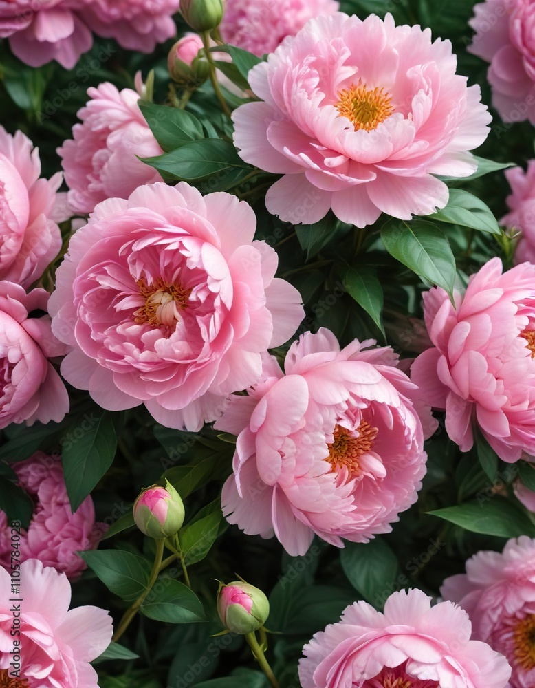 Obraz premium Close-up of pink peonies and roses with green leaves, detail, blooming