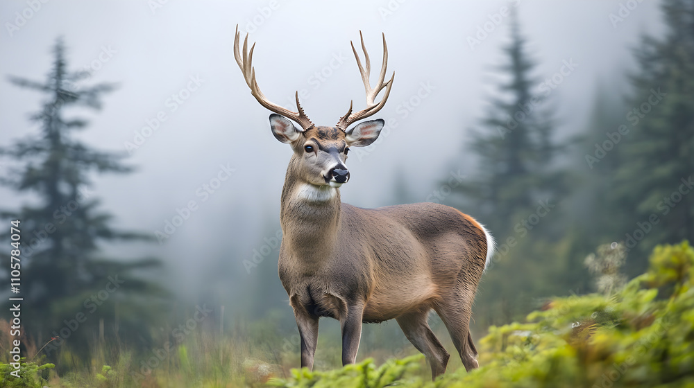 Fototapeta premium majestic deer with soft fur and impressive antlers stands in misty forest
