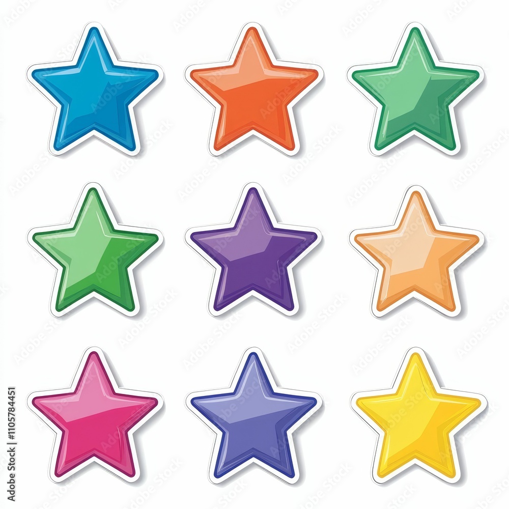 Nine colorful glossy star stickers. Nine colorful glossy star stickers.