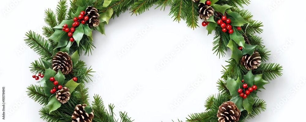 Holiday wreath adorned with pinecones and berries on a white background for seasonal decoration Holiday wreath adorned with pinecones and berries on a white background for seasonal decoration