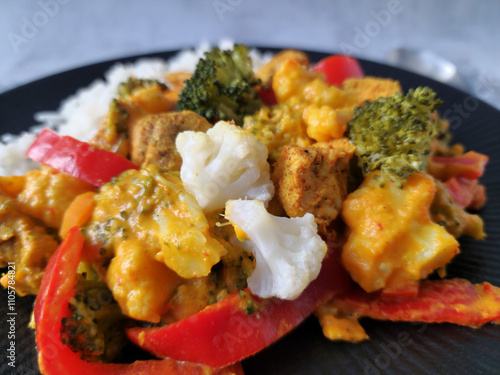 Chicken Curry with Rice and Vegetables on a Black Plate