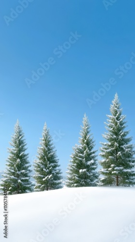 Snow-covered evergreen trees against a bright blue sky creating a serene winter landscape with fresh snow and tranquil atmosphere for seasonal imagery use