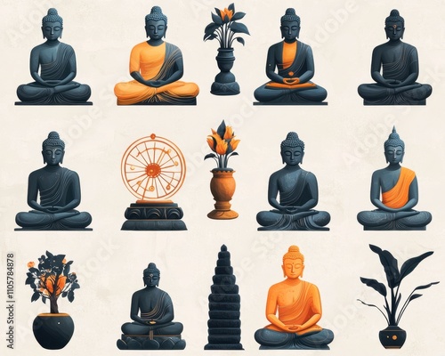 A set of various Buddha minimal icons in full detail, isolated on a transparent background The collection includes a variety of Dharma wheels and enlightenment symbols, each with a focus on  photo