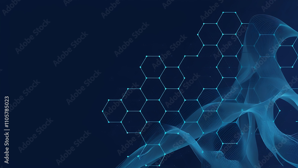 Obraz premium Abstract digital artwork featuring a dark blue background with a complex network of interconnected hexagonal shapes and flowing wave patterns. abstract copy space background, tech copy space