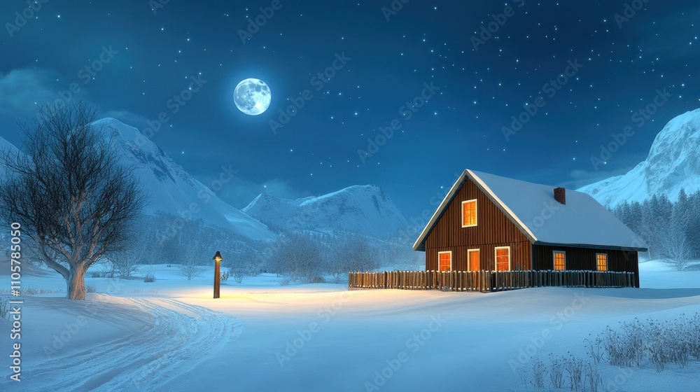 Serene Winter Landscape with Cozy Cabin Illuminated by Moonlight Under Starry Night Sky in Snowy Mountain Scenery Serene Winter Landscape with Cozy Cabin Illuminated by Moonlight Under Starry Night Sky in Snowy Mountain Scenery