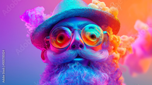 A vibrant and surreal image featuring a whimsical character with a long beard, oversized glasses, and a colorful background, evoking a sense of joy and creativity.