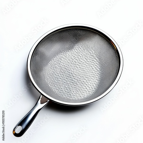 Metal sieve with handle, white background.
