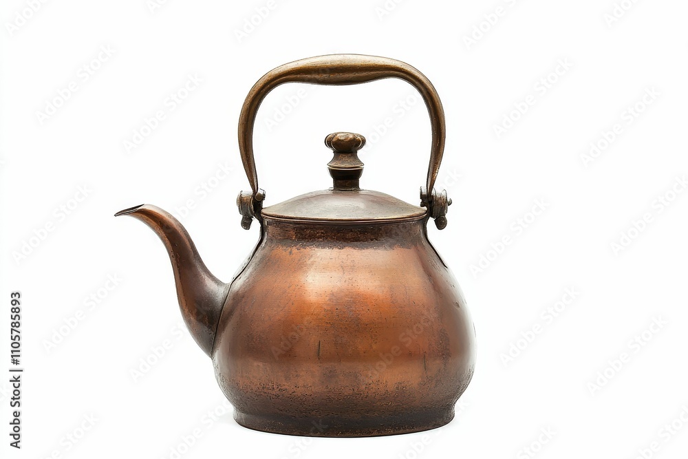 Antique copper kettle, curved spout, arched handle. Antique copper kettle, curved spout, arched handle.