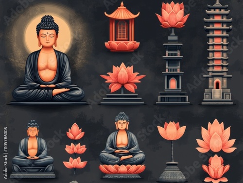 A set of various Buddha minimal icons in full detail, isolated on a transparent background The collection includes a variety of lotus flowers and enlightenment symbols, each with intricate patterns 