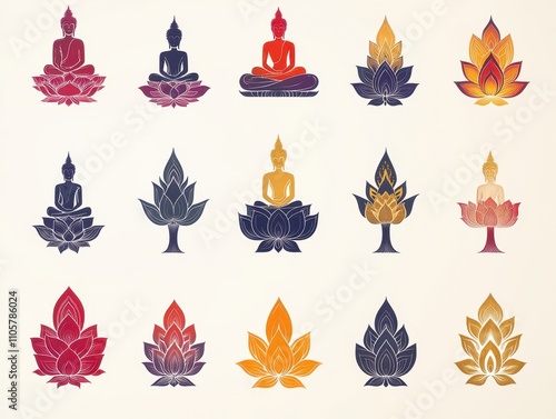 A set of various Buddha minimal icons in full detail, isolated on a transparent background The collection includes a variety of lotus flowers and enlightenment symbols, each with intricate patterns 