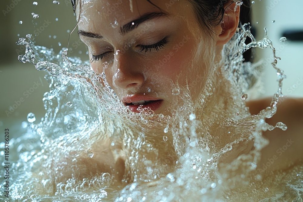 Obraz premium Young caucasian female immersed in dynamic splash of water with eyes closed