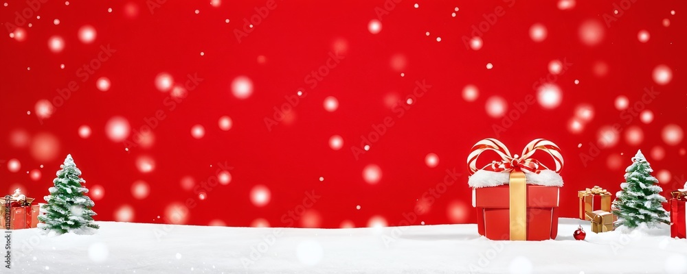 Festive holiday setting with red background, snow, and colorful gifts under Christmas trees Festive holiday setting with red background, snow, and colorful gifts under Christmas trees