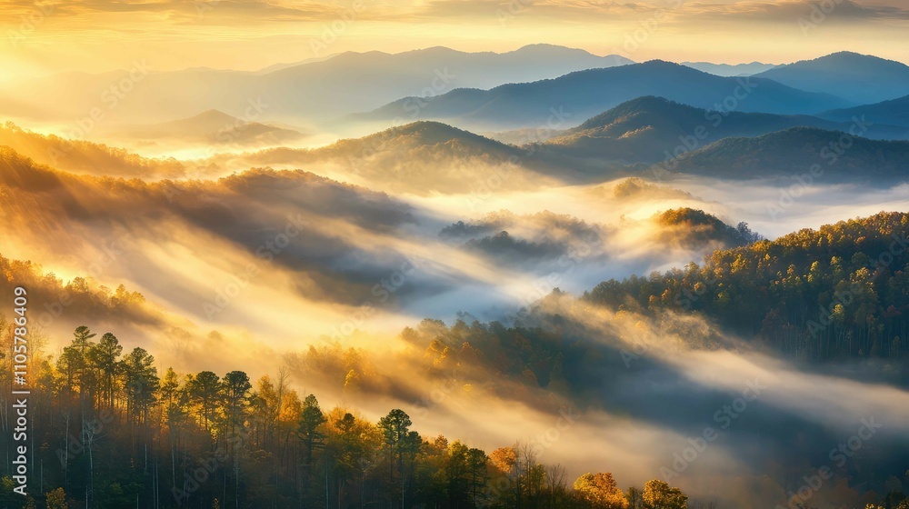 Fototapeta premium Low sunlight breaking through fog over a mountain ridge, casting golden light across misty peaks and valleys