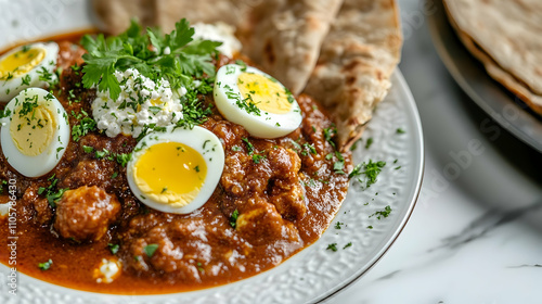 Traditional Ethiopian Doro Wat with Fresh Injera Bread, Berbere Spiced Eggs and House-Made Cottage Cheese, Authentic African Cuisine Photography photo