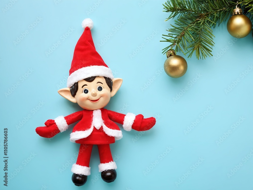 Cute holiday elf doll with red outfit and festive hat placed against a blue background with ornaments and pine branches Cute holiday elf doll with red outfit and festive hat placed against a blue background with ornaments and pine branches