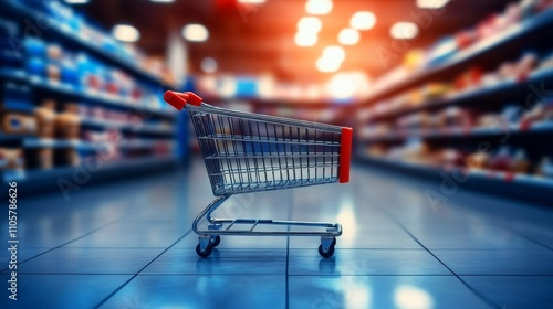 Wallpaper Mural Empty shopping cart in front of supermarket shelves, illustrating the concept of grocery shopping. Torontodigital.ca