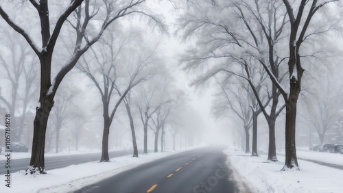 Snowy road with bare trees and fog creating a serene winter landscape