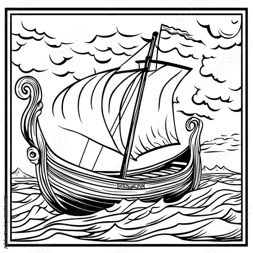 Viking longboat sailing amidst stormy seas in a coloring book page nautical art creative adventure black and white side view fantasy photo