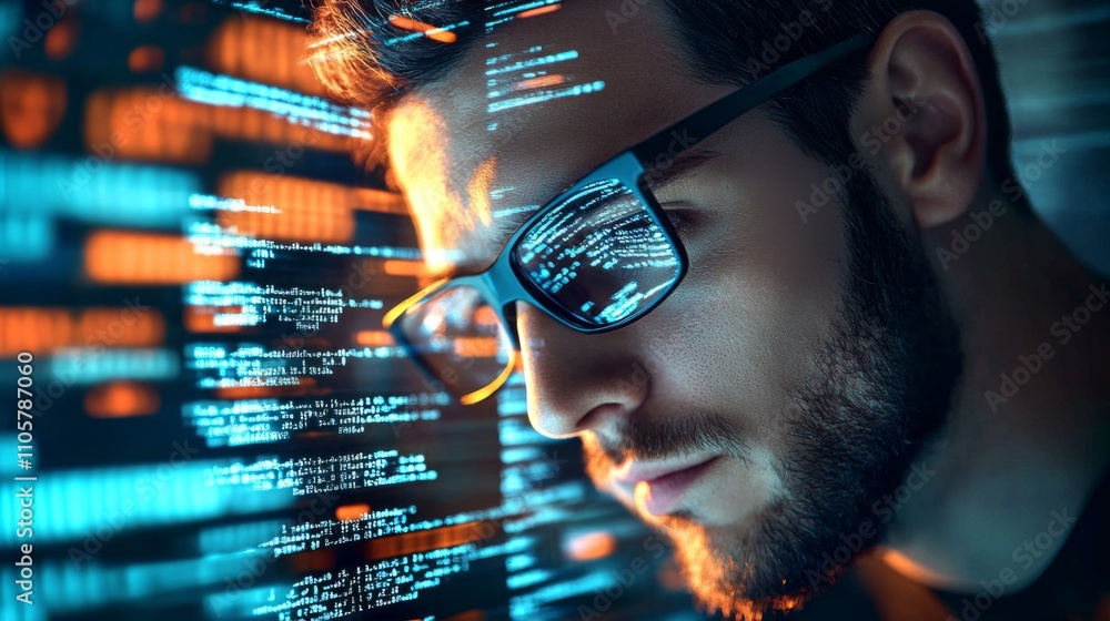 Male Programmer Engaged with Hologram, Cyber Security, and Data Analysis in Futuristic Trading and Research Environment Male Programmer Engaged with Hologram, Cyber Security, and Data Analysis in Futuristic Trading and Research Environment