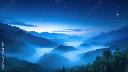 Misty valley illuminated by a soft, diffuse moonlight, creating a dreamy, atmospheric landscape