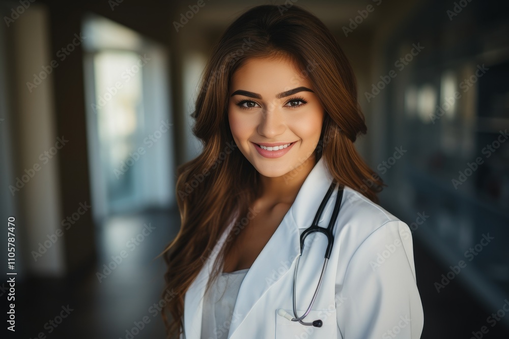 Smiling female doctor in white coat with stethoscope, exuding professionalism in hospital setting Smiling female doctor in white coat with stethoscope, exuding professionalism in hospital setting