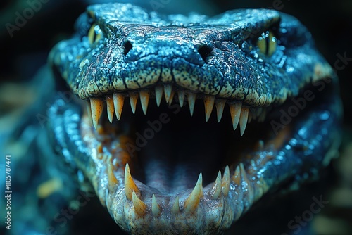 Close-up of fierce crocodile's open maw showcasing sharp teeth and scaled texture photo