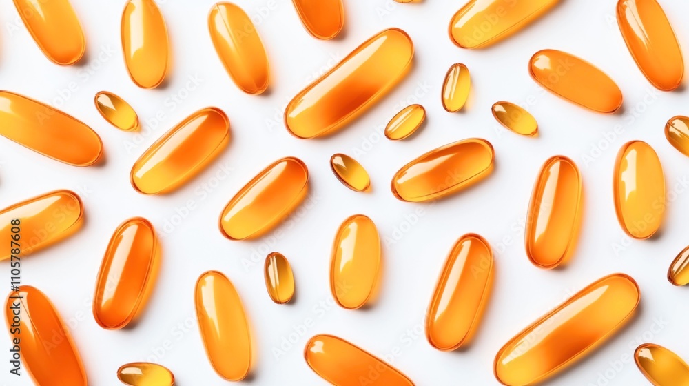 Close-up of multiple orange gelatin capsules scattered on a white background, showcasing a variety of shapes and sizes, commonly used as dietary supplements or vitamins. Close-up of multiple orange gelatin capsules scattered on a white background, showcasing a variety of shapes and sizes, commonly used as dietary supplements or vitamins.