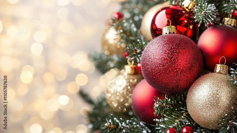 Christmas tree branch adorned with red and gold glitter ornaments, with a soft bokeh background creating a warm, festive atmosphere Christmas tree branch adorned with red and gold glitter ornaments, with a soft bokeh background creating a warm, festive atmosphere
