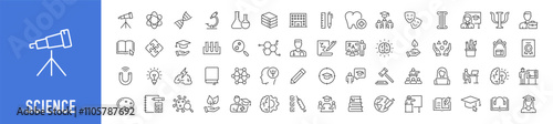 Science web icons in line style. Genetics, biology, chemistry, astronomy, logics, psychology, medicine, collection. Vector illustration.