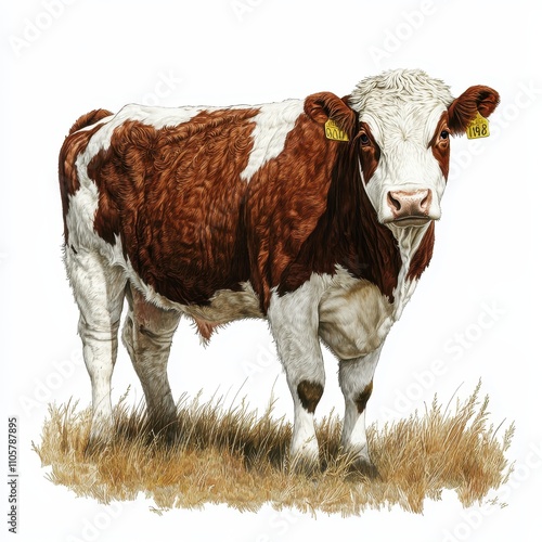 A Hereford beef cow with its distinctive white face, standing in a field, detailed fur, isolated on white background photo