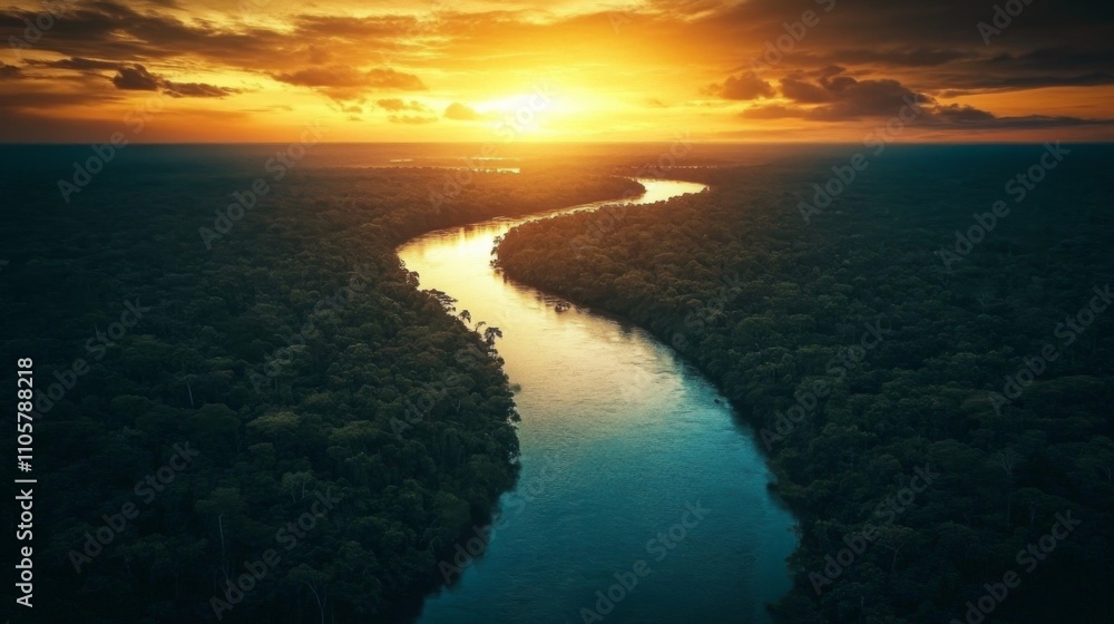 Fototapeta premium Vibrant sunset over lush Amazon forest, captured from above. Perfect for adventurous explorers seeking stunning aerial views.