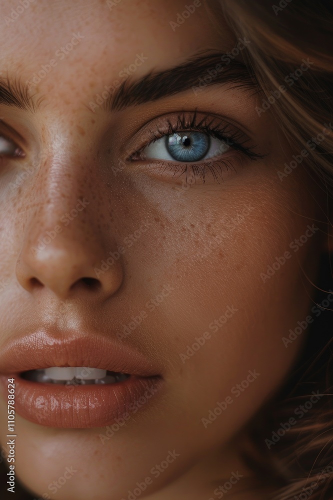 Woman with blue eyes and brown hair. She has a lot of freckles on her face Woman with blue eyes and brown hair. She has a lot of freckles on her face