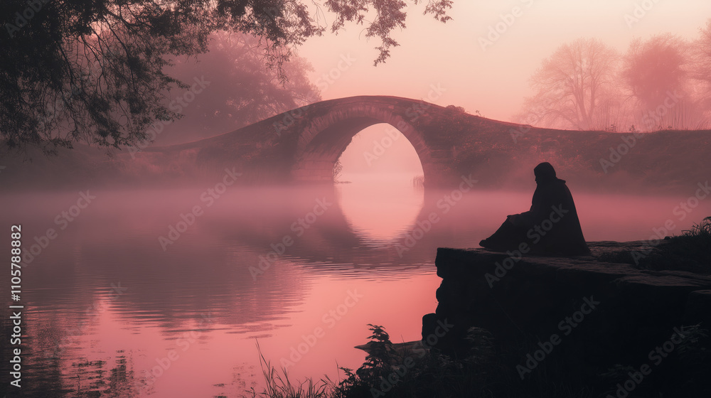 A tranquil scene at dawn with a solitary figure by the water. A misty atmosphere surrounds an ancient bridge, evoking calm and introspection. A tranquil scene at dawn with a solitary figure by the water. A misty atmosphere surrounds an ancient bridge, evoking calm and introspection.