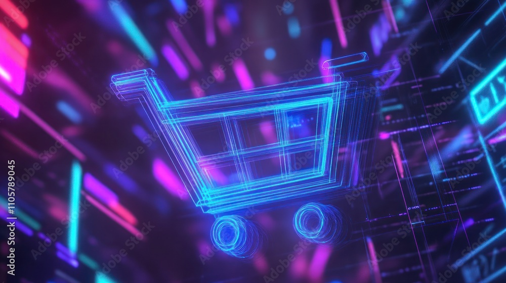 Neon glowing shopping cart in digital space. Neon glowing shopping cart in digital space.