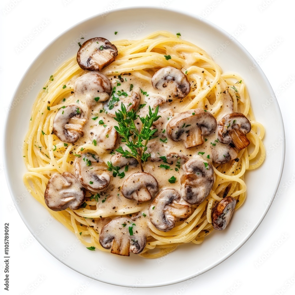 A plate of spaghetti with creamy mushroom sauce, detailed mushrooms and herbs, isolated on white background A plate of spaghetti with creamy mushroom sauce, detailed mushrooms and herbs, isolated on white background