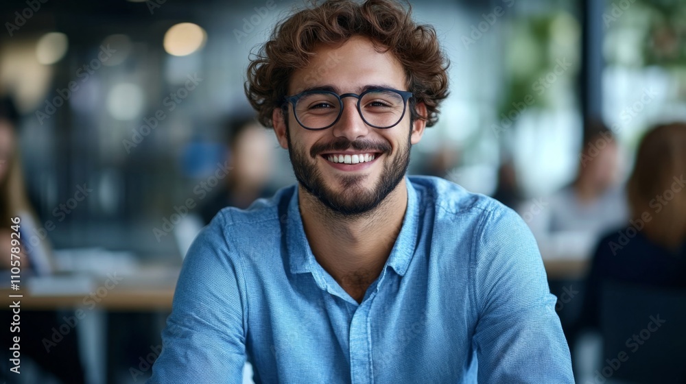 Fototapeta premium Confident HR Agent Collaborating Online with Colleagues: Portrait of Enthusiastic White Man Working in Modern Bright Office