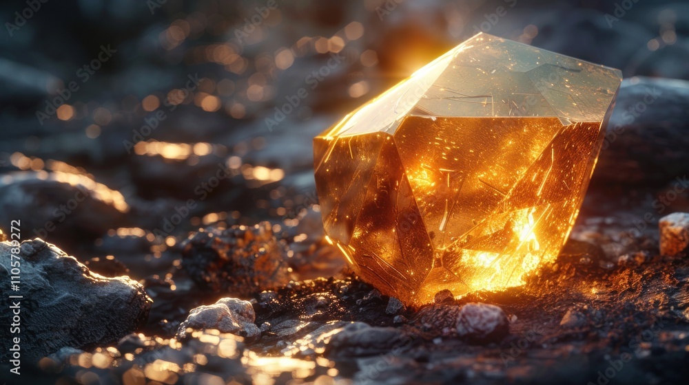 Glowing amber crystal on dark rocks at sunset. Glowing amber crystal on dark rocks at sunset.