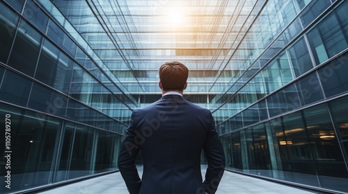 Corporate businessman in suit overlooking modern glass office buildings for financial growth and business success concept.