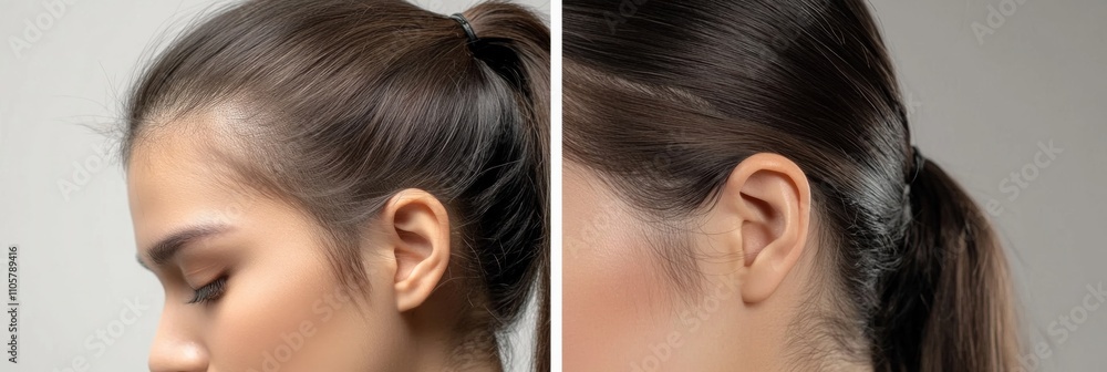 Obraz premium Before and After Hair Loss Treatment Transformation Collage of Woman Visiting Trichologist on Grey Background