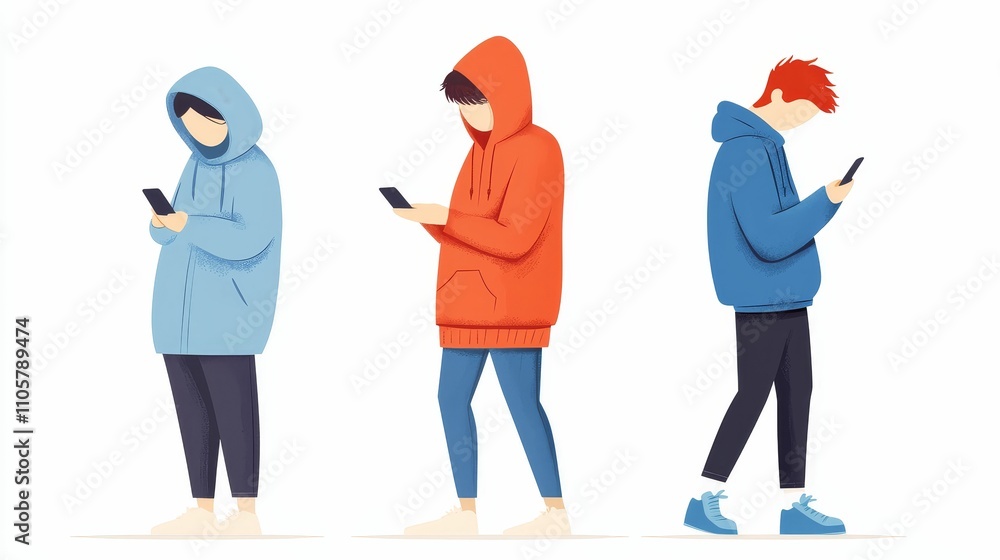 Fototapeta premium cyberbullying privacy concept, Three individuals in hoodies are engaged with their smartphones, showcasing modern youth culture and technology use.