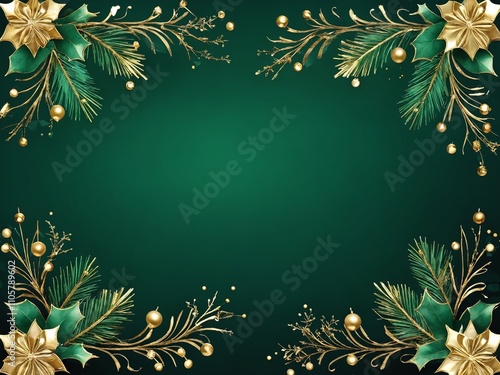 Elegant green background with festive gold and green decorations for holiday celebrations and events photo