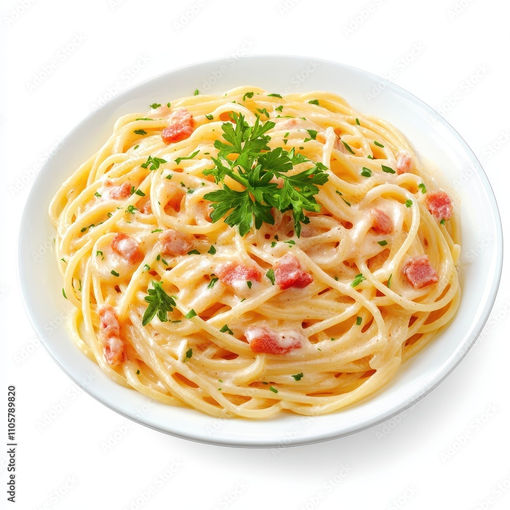A serving of spaghetti carbonara with creamy sauce, bacon, and parsley, photorealistic style, isolated on white background A serving of spaghetti carbonara with creamy sauce, bacon, and parsley, photorealistic style, isolated on white background