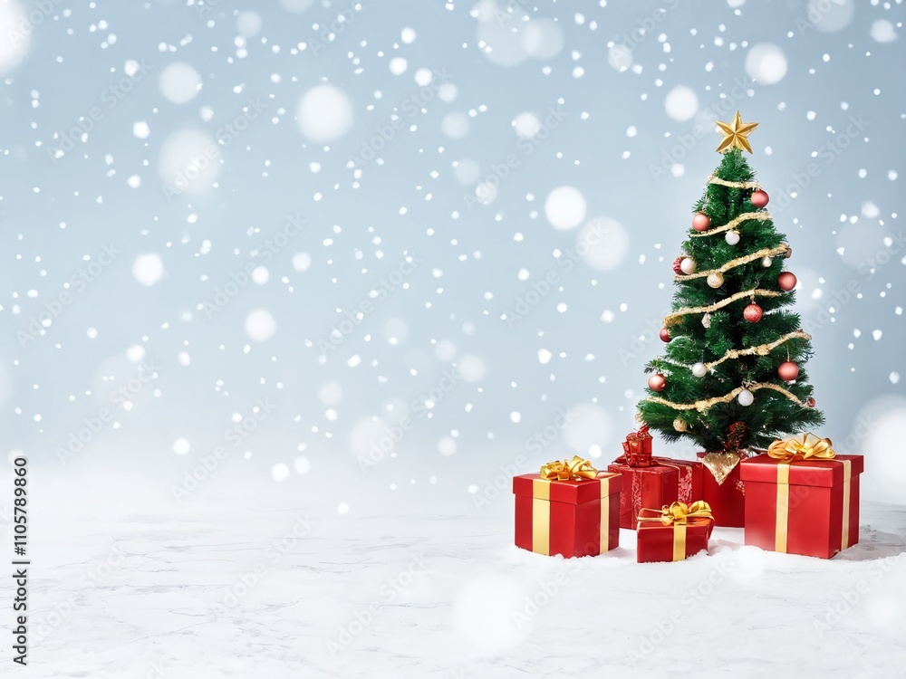 Holiday celebration with a decorated Christmas tree and gift boxes in a snowy winter setting Holiday celebration with a decorated Christmas tree and gift boxes in a snowy winter setting