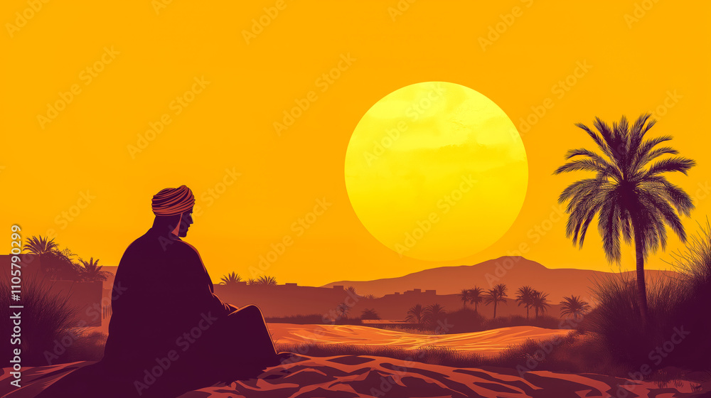 A tranquil scene depicting a solitary figure under a vibrant sunset in a desert landscape, surrounded by palm trees and distant mountains. A tranquil scene depicting a solitary figure under a vibrant sunset in a desert landscape, surrounded by palm trees and distant mountains.